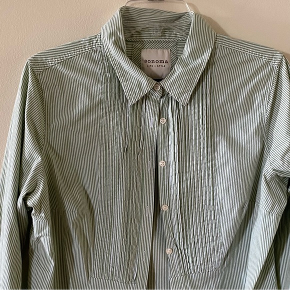 Vintage Women Size XL Sonoma Button Up Blouse Green White Stripes Pleated Lapel - Picture 4 of 9